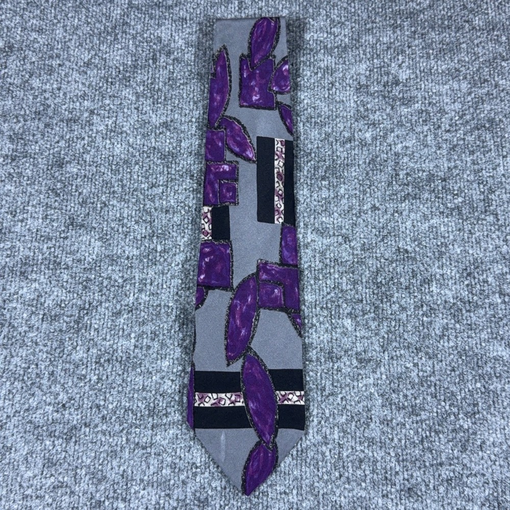 Mens Vintage Abstract Geometric Leaf Print Silk Tie Purple Grey Black Necktie